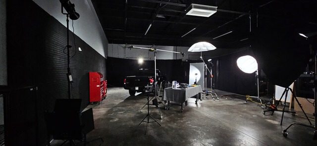 Studio Design by Behm Photo, photography & video studio with professional lighting and truck as subject