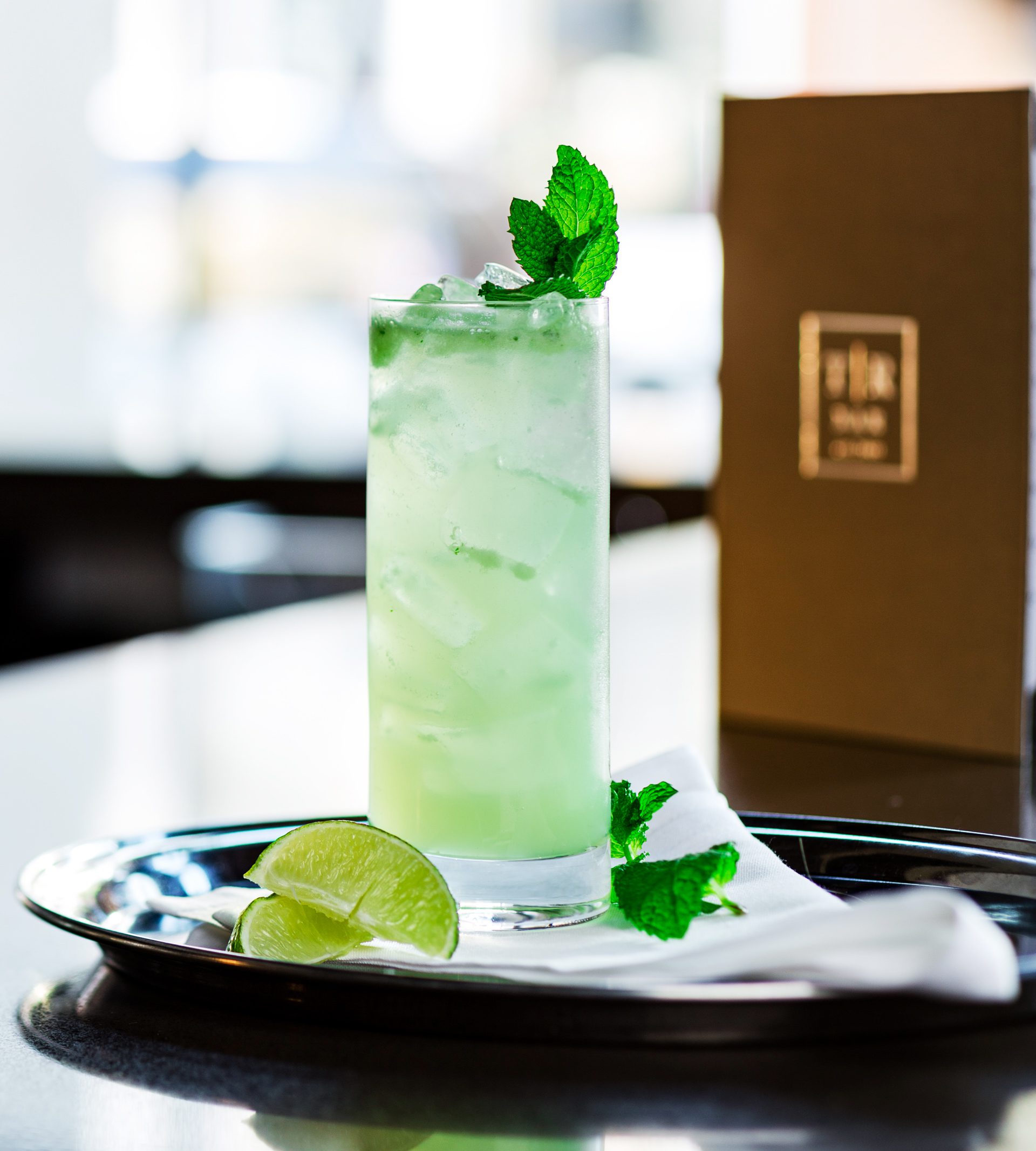 Mint Julep on tray and window light behind