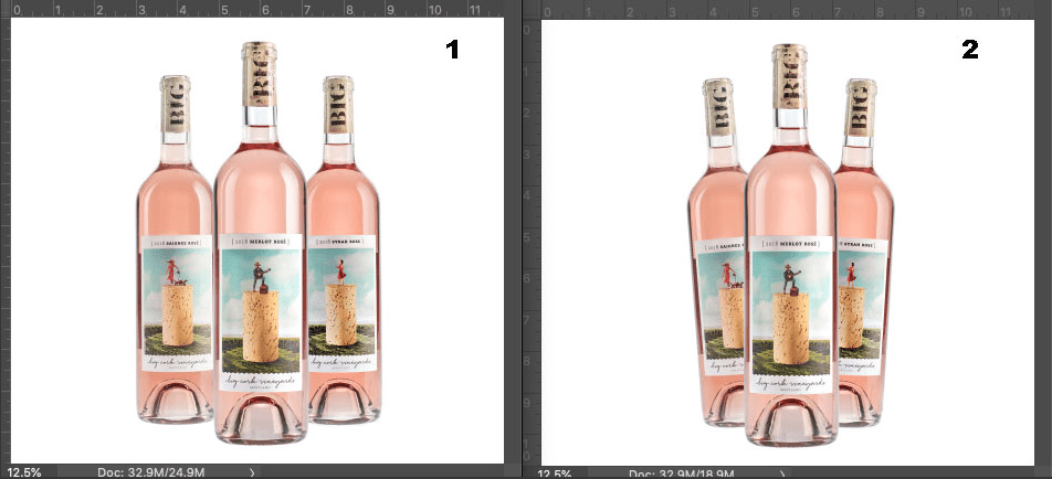 Three Rosé wines in conventional arrangements, on white