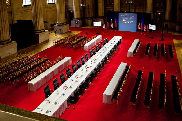 high angle view of trade conference main meeting room